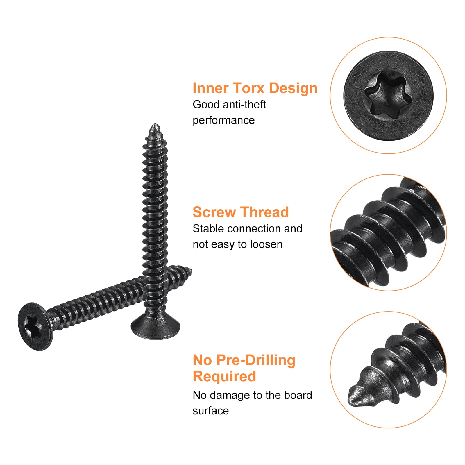 #8 x 1-1/2-inch Flat Head Torx/Star Wood Screws, 100 Pcs 304 Stainless Steel, Full Threaded, Black Coated, Fit T20 Bit