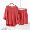 thumbnail image 2 of Caywon Ladies' Casual Loose V-Neck Three Quarter Sleeve Sleeved Lace Shorts Pajama Set Casual Solid Color Oversized Shirts Biker Shorts(Red,L), 2 of 6