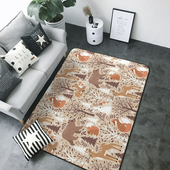 Area Rugs For Living Room Decor - Woodland Animals in Neutral Tones Soft Anti Slip Throw Washable Rugs 5x7 For Bedroom, Indoor Carpet For Bedroom Living Room 80x58In