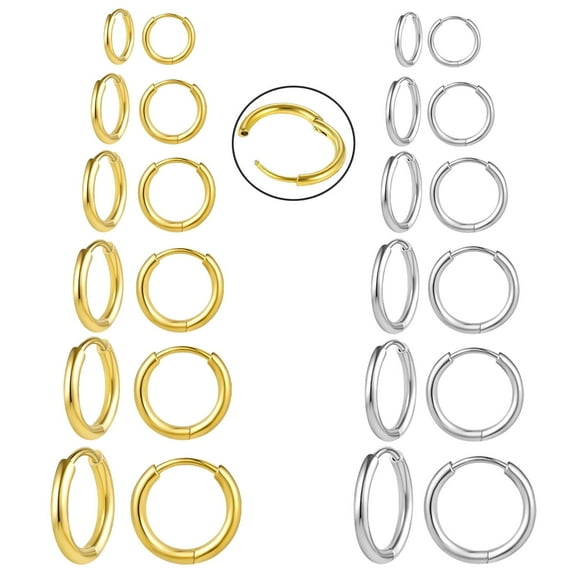 12 Pairs Adults 316L Surgical Stainless Steel Huggie Hoop Earrings 6mm 8mm 10mm 12mm 14mm 16mm Hypoallergenic Earrings Hoop Cartilage Helix Lobes Hinged Earrings For Men Women (Silver Gold)