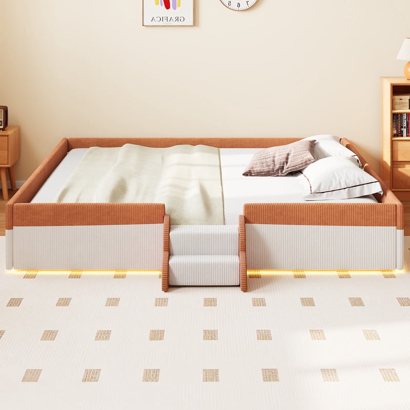 King Size Corduroy Upholstered Floor Bed Frame with Fence, Kids Low-Profile Platform Bed with 2-Tier Steps & Smart LED Lights