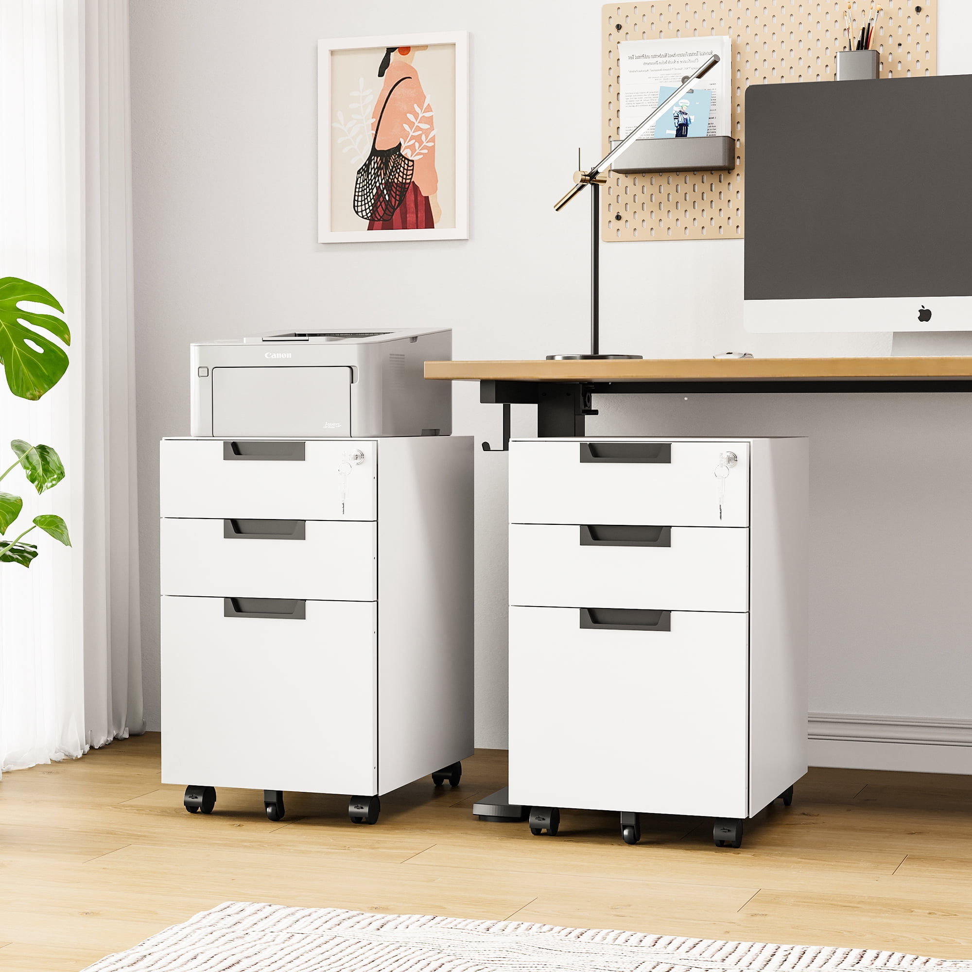 Fesbos Metal Mobile File Cabinet with Lock, 3 Drawer Rolling Filing Cabinets for Home Office, Fully Assembled, White, 23.6"H*17.32"D* 14.6"W, Fits Letter/Legal/A4 Size Files