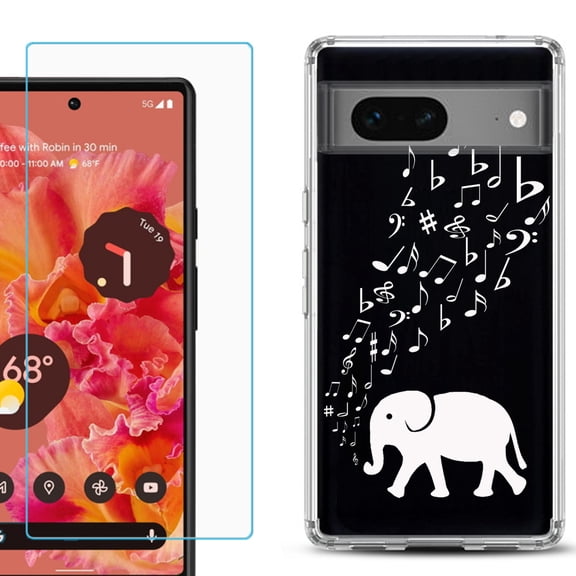 Slim-Fit Gel TPU Phone Case for Google Pixel 7, with Tempered Glass Screen Protector, by OneToughShield ® - Elephant Music