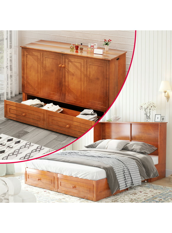 MUZZ Queen Size Murphy Cabinet Bed with Memory Foam Mattress, Charging Station and Large Drawer (Queen, Cherry with Pattern)