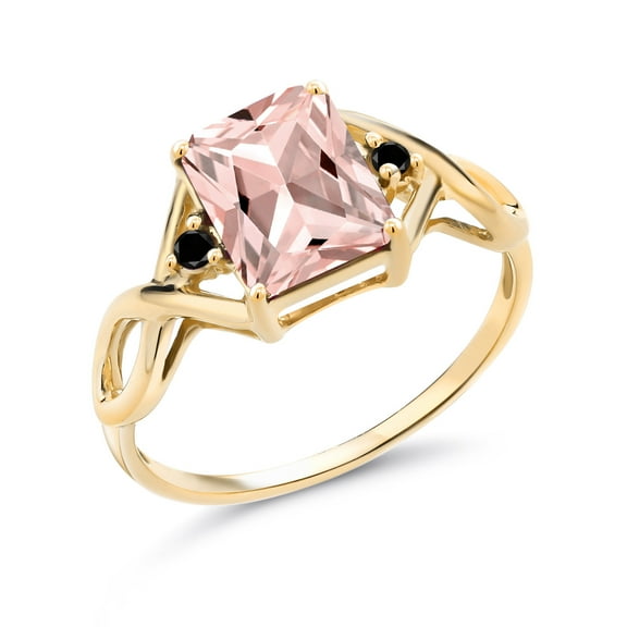 Gem Stone King 18K Yellow Gold Plated Silver Peach Simulated Morganite and Black Diamond Ring for Women (2.03 Cttw, Size 7)