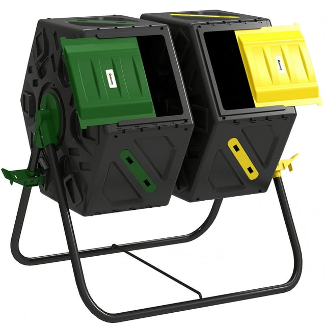 Outsunny 34.5 Gallon Composter, Dual Chamber Compost Bin, Yellow and Green
