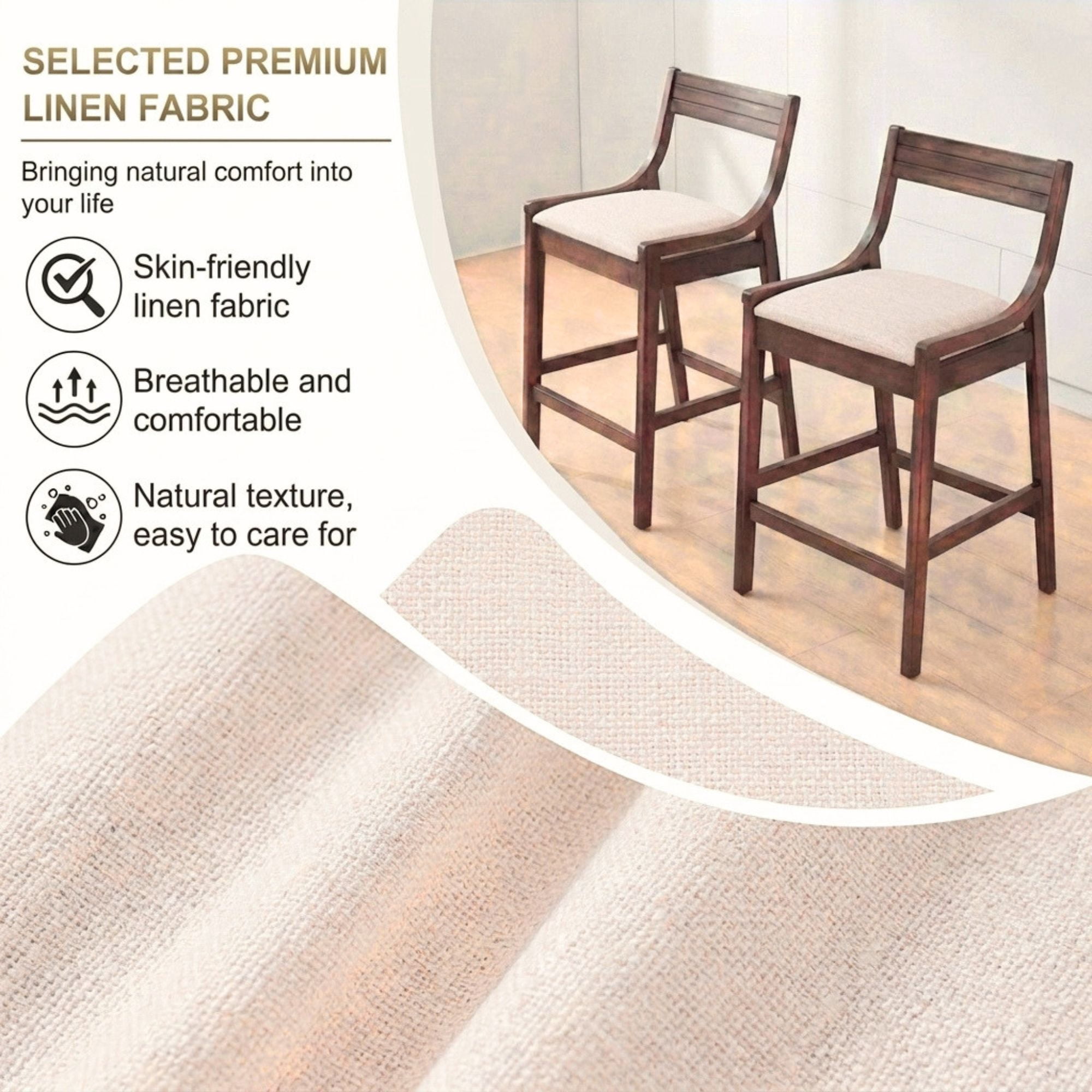 Dayalane Modern Farmhouse Bar Stools Set of 4, 26”Counter Height Bar Stools with Slatted Back, Linen Upholstered & Solid Wood Legs Barstools for Kitchen Island Dining Rooms and Home Bars, Beige