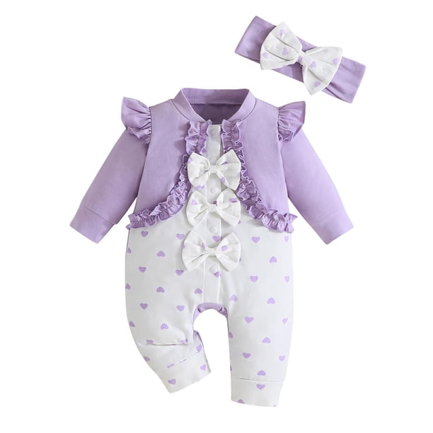 Odeerbi 1-18 Meses Niñas San Valentín Mono de Algodón Con Lazo Y Cinta Para La Cabeza Conjunto Onesie de Manga Larga