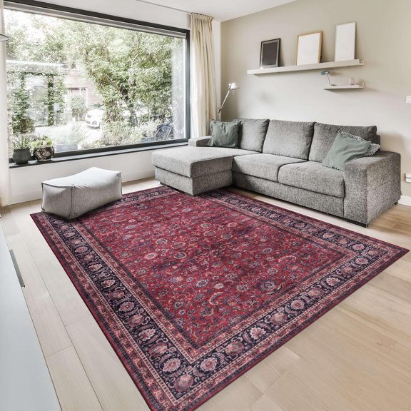 GLN Rugs Yildiz - Indoor, Machine Washable Area Rug - 8'x10' Dark Red Home Carpet
