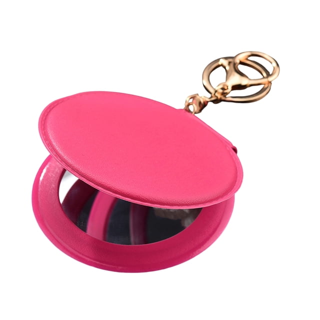 Mini espejo de maquillaje de piel sintética con llavero, espejo de tocador portátil para mujer con llavero, espejo cosmético plegable de mano de doble cara.
