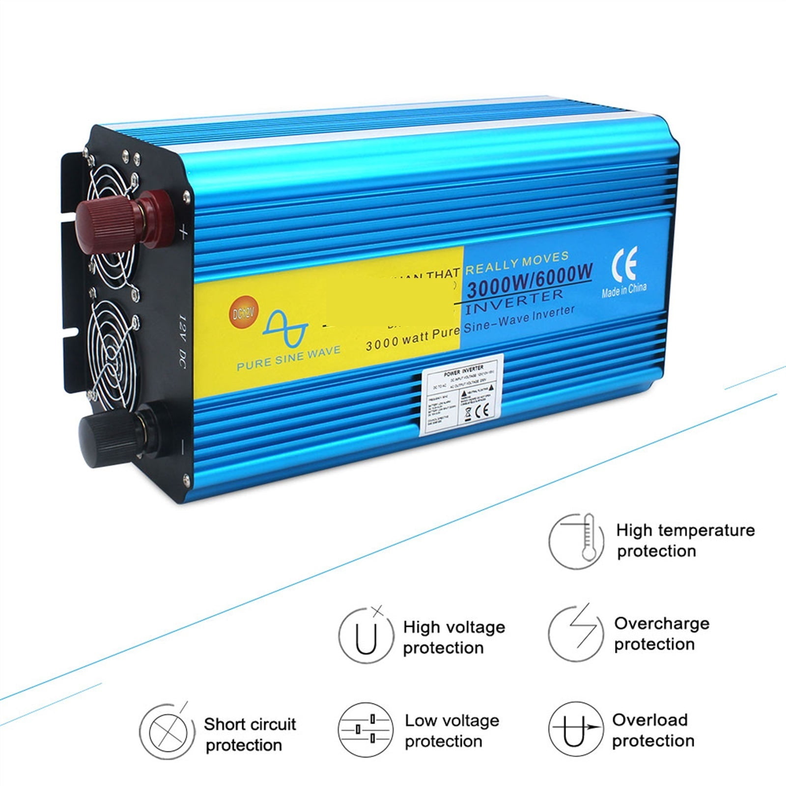 Inverter 12v/ 24v 220v 6000w 50HZ/60HZ Pure Sine Wave Solar Voltage Transformer Converter LED Display Charging Dual Socket