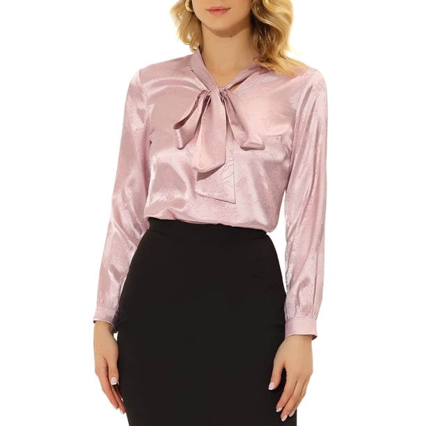 Blusa de trabajo de manga larga con cuello de lazo y puntos irregulares para mujer Inspire Chic S Rosa