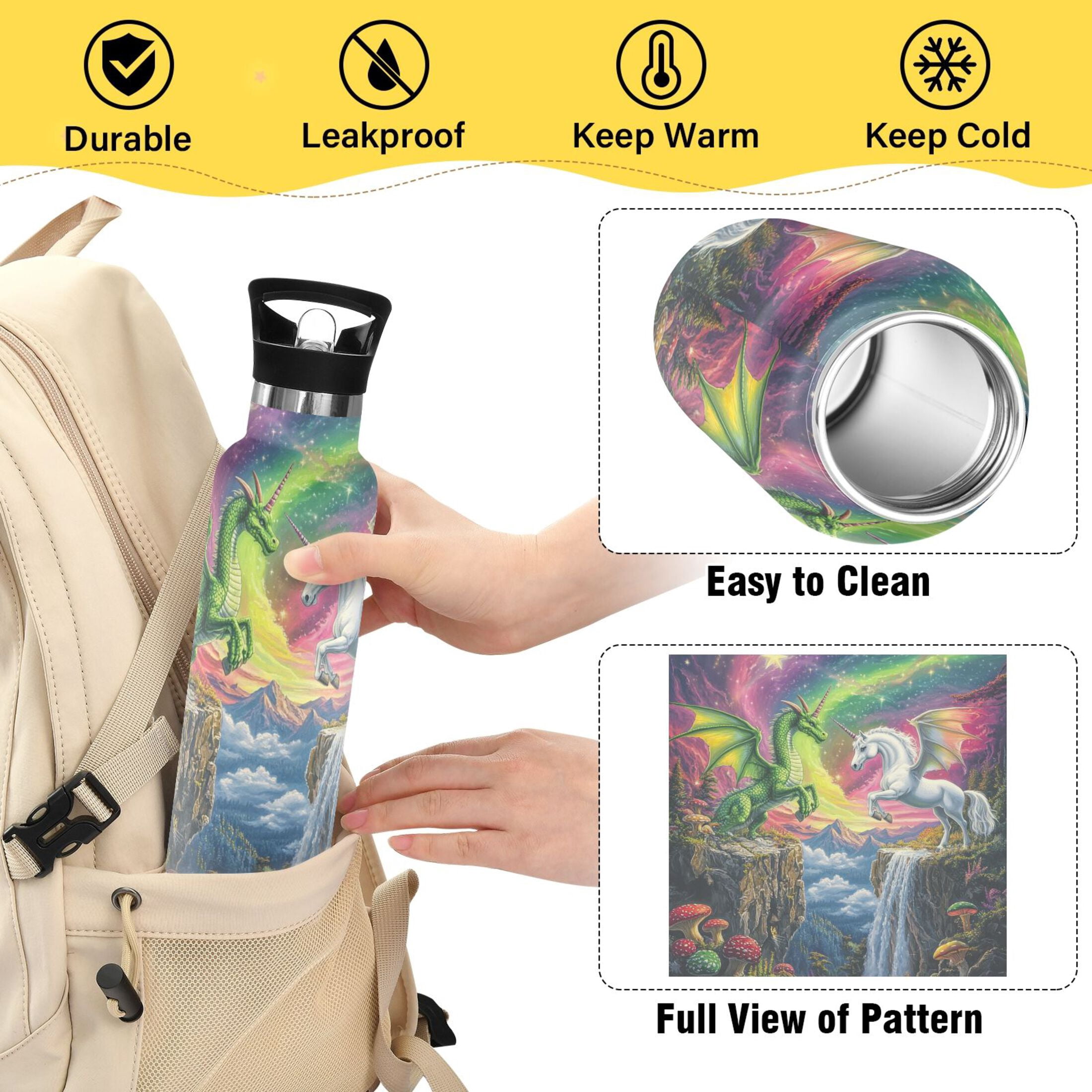 Kids Insulated Stainless Steel Sports Water Bottle 600ml (20oz) Green Dragon and White Unicorn