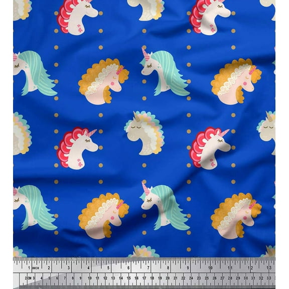 Soimoi Blue Cotton Duck Fabric Dot & Unicorn Face Print Fabric by Yard 42 Inch Wide