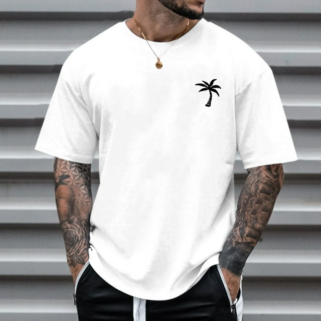 T-shirt d'Été pour Hommes à Manches Courtes Col Rond avec Imprimé Unique de Petit Arbre, Décontracté pour Activités Extérieures et Détente