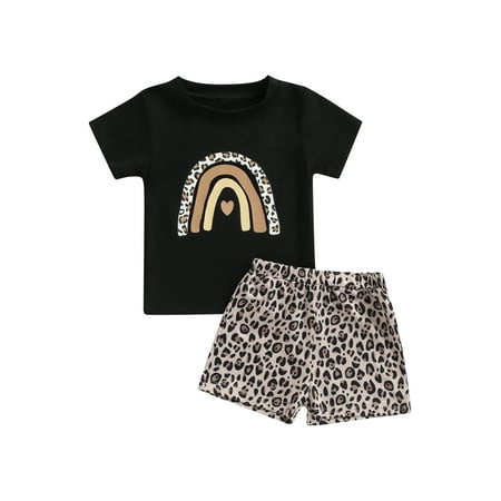 

Yinyinxull 2Pcs Infant Baby Girls Outfits Leopard Rainbow Pattern Short Sleeve Round Neck T-shirt+Shorts Clothes Black 2-3 Years