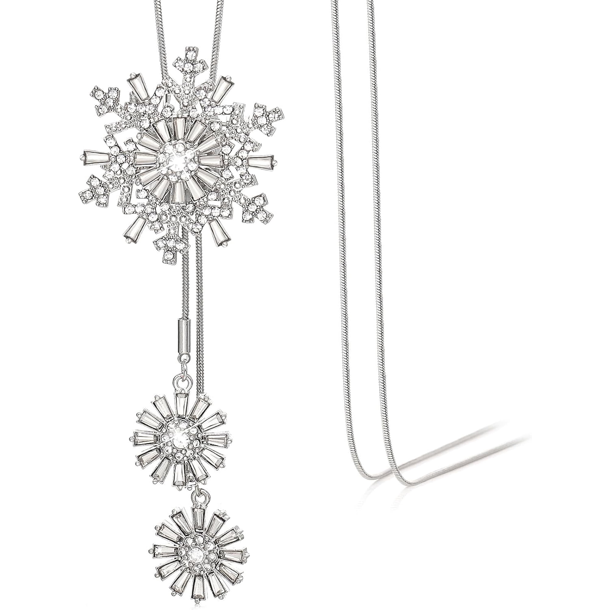 Terandius Long Snowflake Pendant Necklace for Women - Silver-Tone Snake Chain with Sparkling Crystal Charms, Adjustable Sweater Chain, Winter Holiday Jewelry Gift for Her
