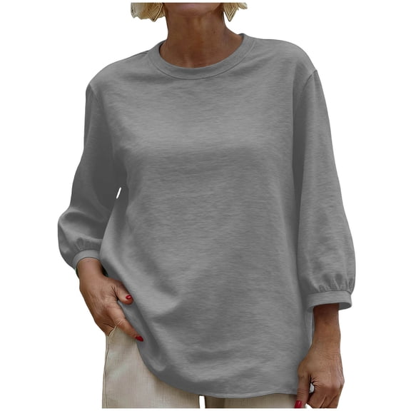 Women's 3/4 Length Sleeve Tops - Spring Easter Casual Crew Neck T Shirts for Women Solid Color Pullover Shirt, Gray, XL
