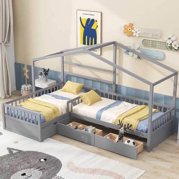 Harper & Bright Designs L Shaped Twin Bed, Twin Size House Platform Bed with 3 Storage Drawers, Wood Double Twin Beds with Fence and Roof, Corner Twin Bed for Boys & Girls, Gray