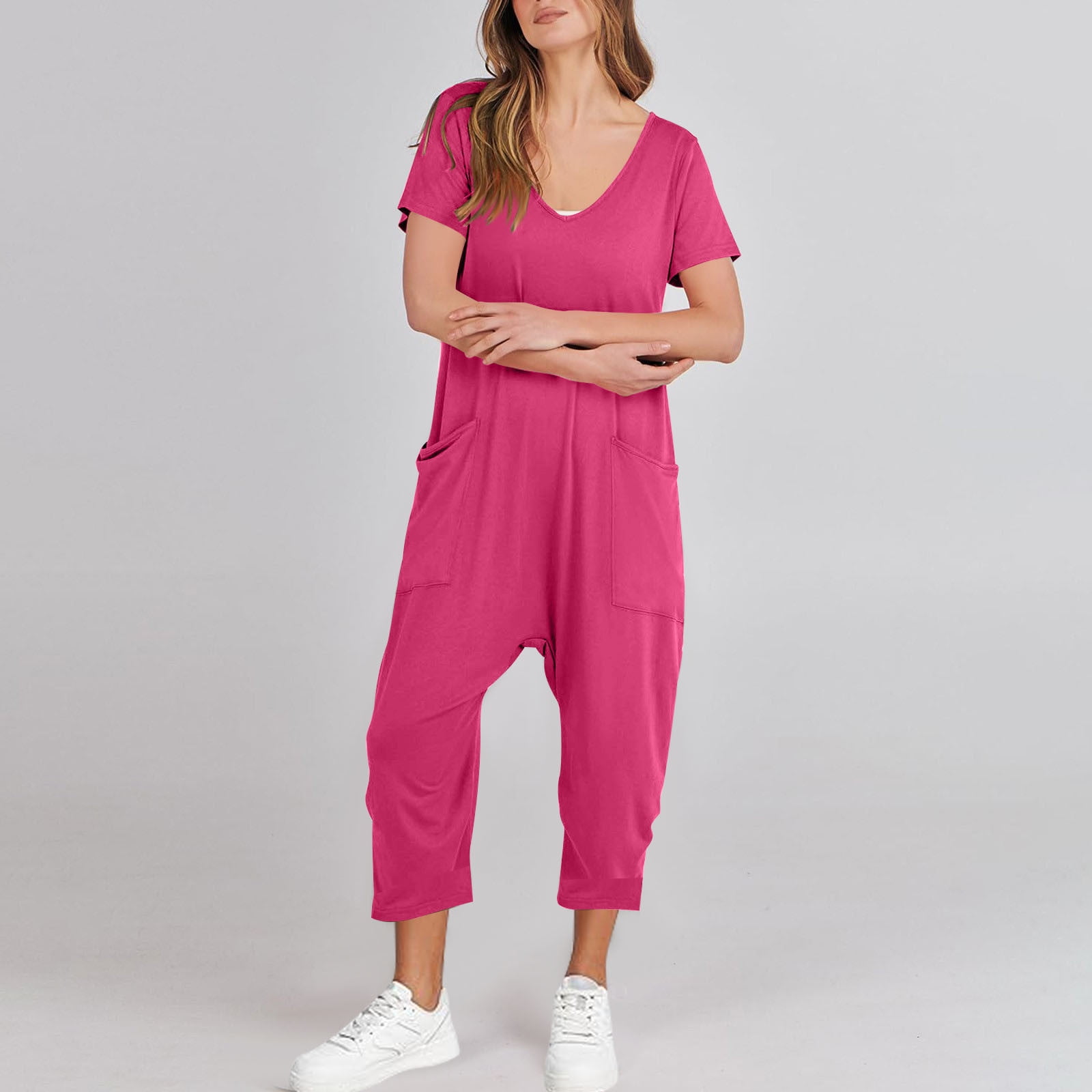 AGWOLF Adult Onesie Pajamas for Women Stretch V Neck Short Sleeve Jumpsuits Loose Fit Solid Ankle Length Pants Summer Rompers with Pockets Soft Sleepwear Homewear One Piece Hot Pink XXL