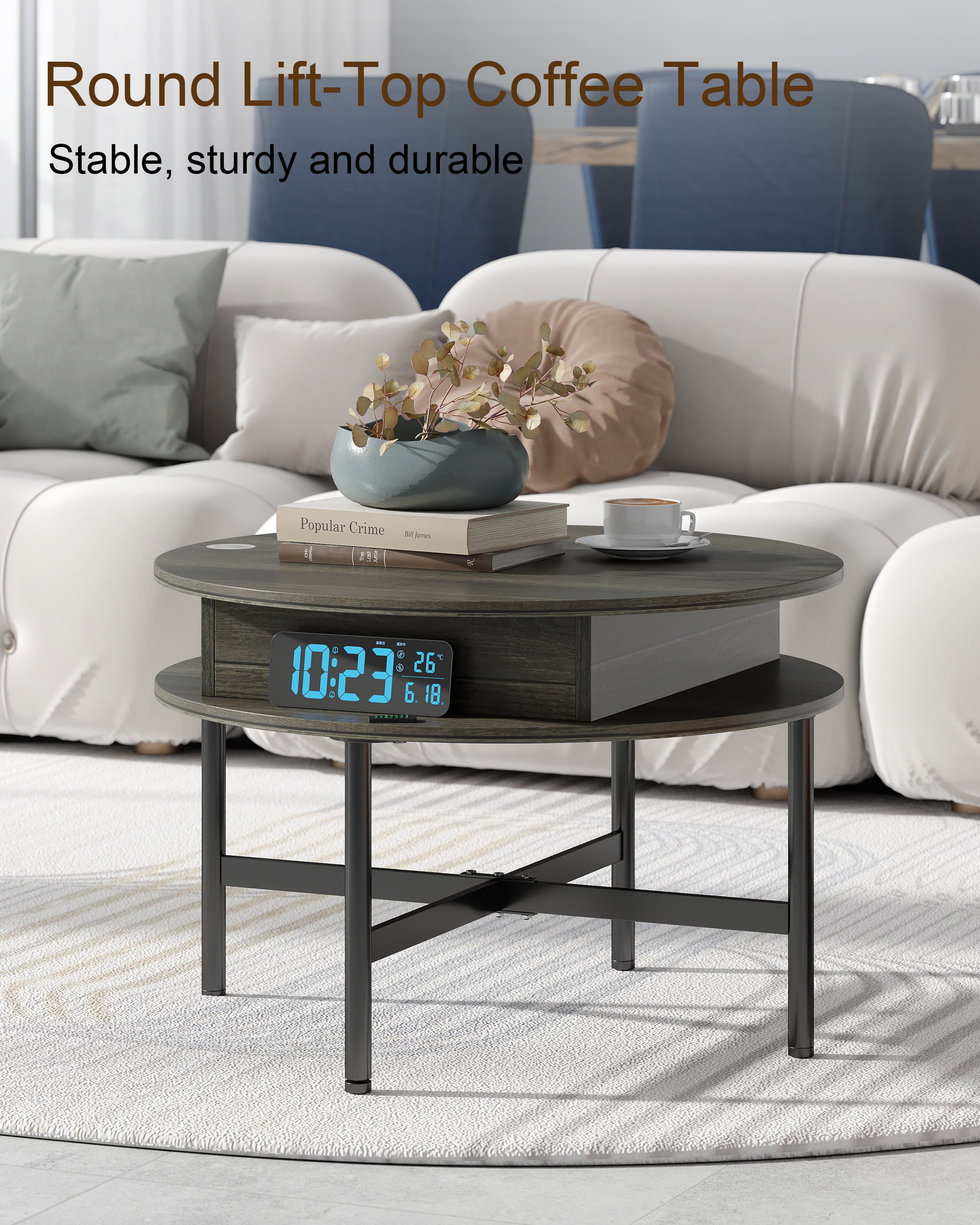 Manxile Round Lift Top Coffee Table, Center Tables with Hidden Storage Compartment for Living Room/Home Office, Charcoal Gray
