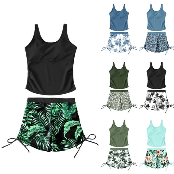LIIPEE Girls Swimsuit Sets Casual Summer Solid Color Sleeveless Crew Neck Swim Vest Fashion Graphic Printed Beach Shorts Two Piece Set Children Cute Comfortable Breathable Swimsuits,Black,15-16 Years