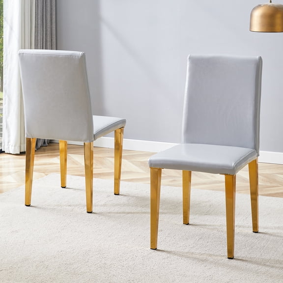 Xukmct 2 Pack Modern Armless Side Chair with Metal Legs, PU Leather Dining Chair for Living Room, Dining Room, Light Gray Gold