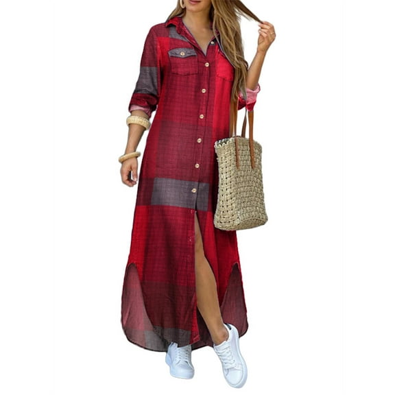 ZANZEA Women's Long Shirt Collar Checked Plaid Dress Tie Dye Vintage Print Dress