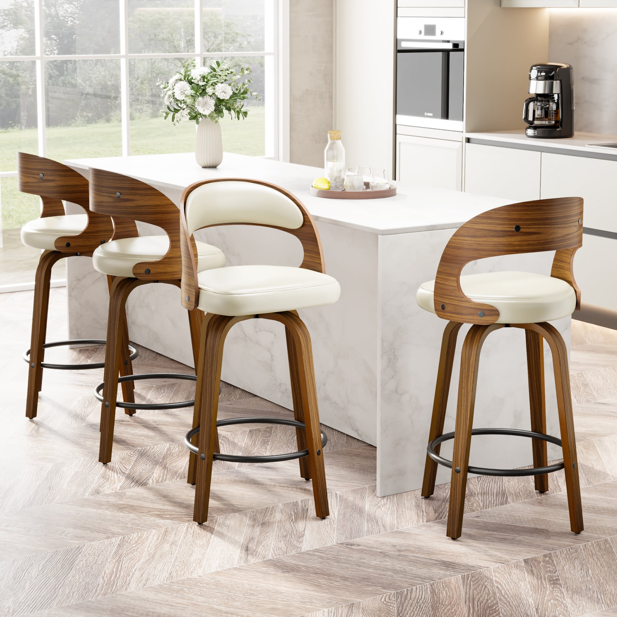 SUNCOZE Bar Stools Set of 2, 26 Inch Counter Height Modern Swivel Bar Chairs with PU Leather Upholstery and Solid Wood Legs, for Kitchen Island or Home Bar, Beige