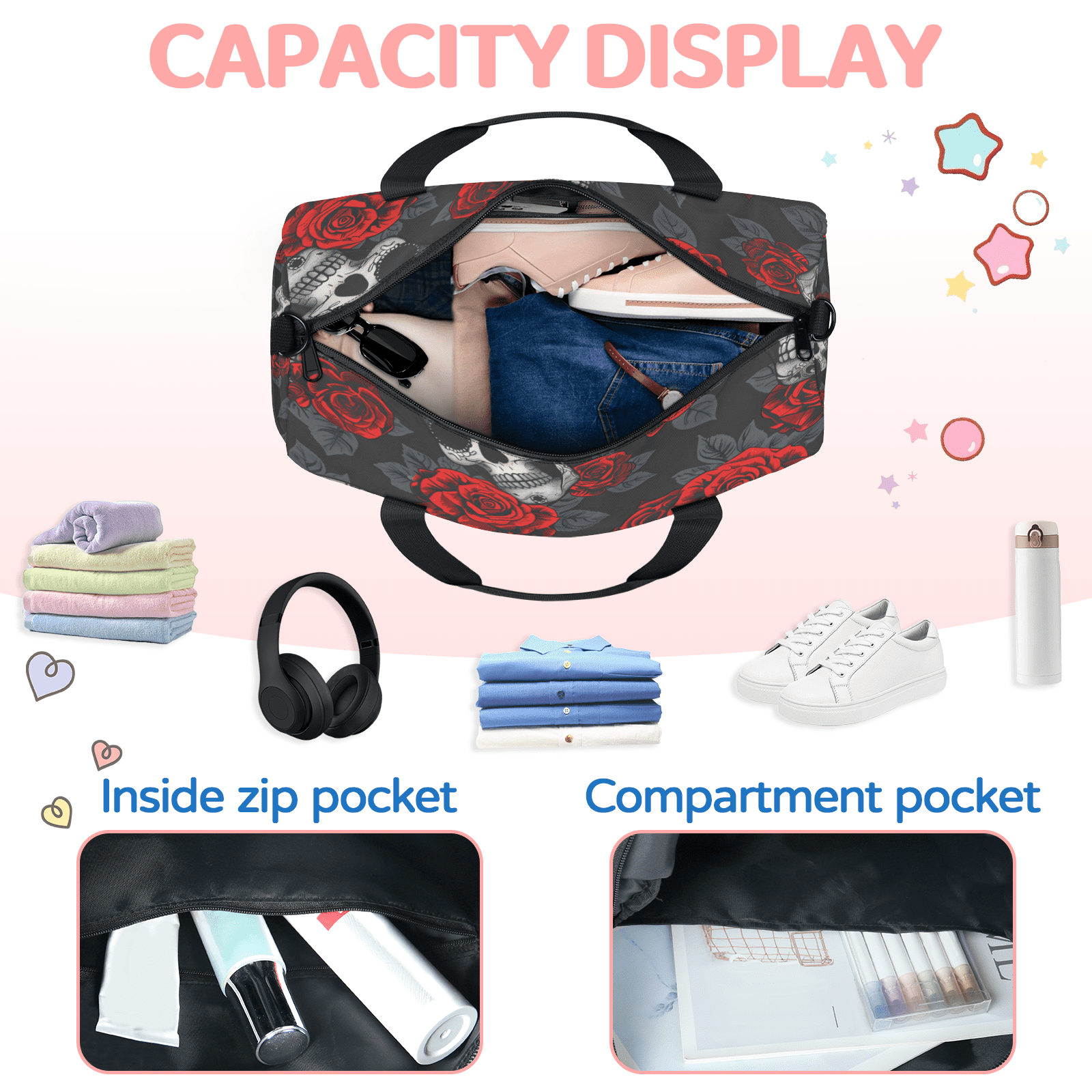 Herdesigns Skulls And Roses Gym Bag for Women, Duffle Bag for Travel Sport, Lightweight Waterproof Carry on Weekender Overnight Dance Yoga Workout Bags