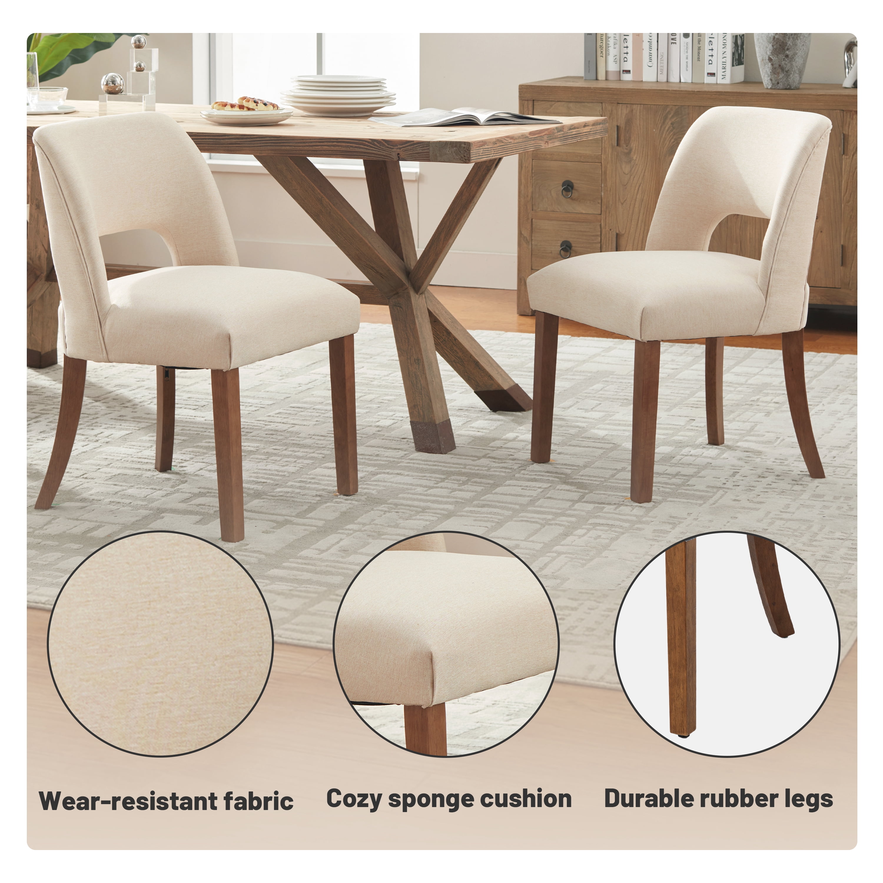 Vknow Furniture Modern Chenille Upholstered Dining Chairs Set of 2 with Cutout Back and Solid Wood Legs for Dining Room, Kitchen and Living Room,Beige