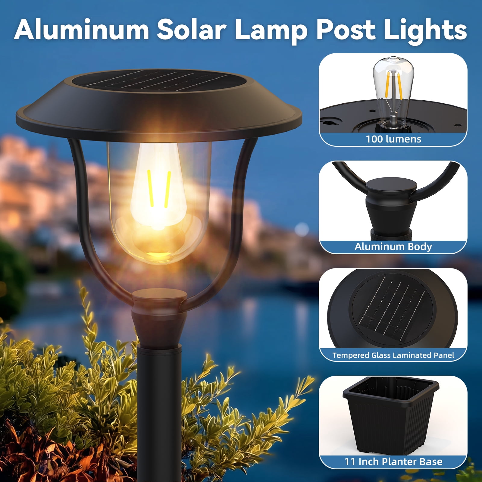 75" Solar Lamp Post Light with Planter Base, Aluminum Waterproof Outdoor Street Light, 100 Lumens, Warm White