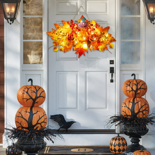 Corona de Halloween con Calabaza y Hojas de Arce: Decoración de Plástico Naranja para Colgar En La Puerta, Ideal para La Cosecha, Acción de Gracias y Otoño.