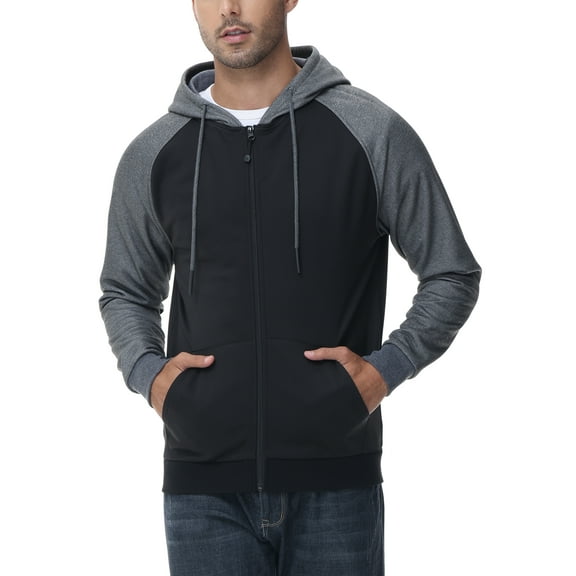Weilanxin Men's Color Block Pullover Fleece Hoodie Casual Hooded Sweatshirts Tops Full Zip Jacket with Pocket Athletic Hoodies For Men Dark Grey Contrast Black L