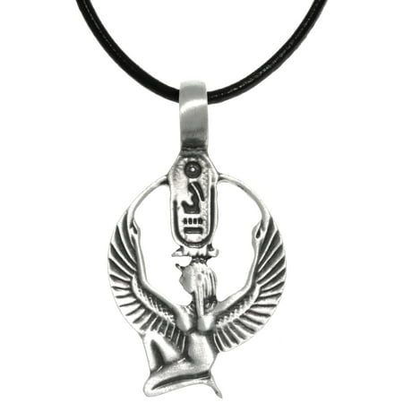 Egyptian Cartouche Pendant - Pewter Egyptian Isis with Wings and Cartouche Pendant on Black Leather Necklace