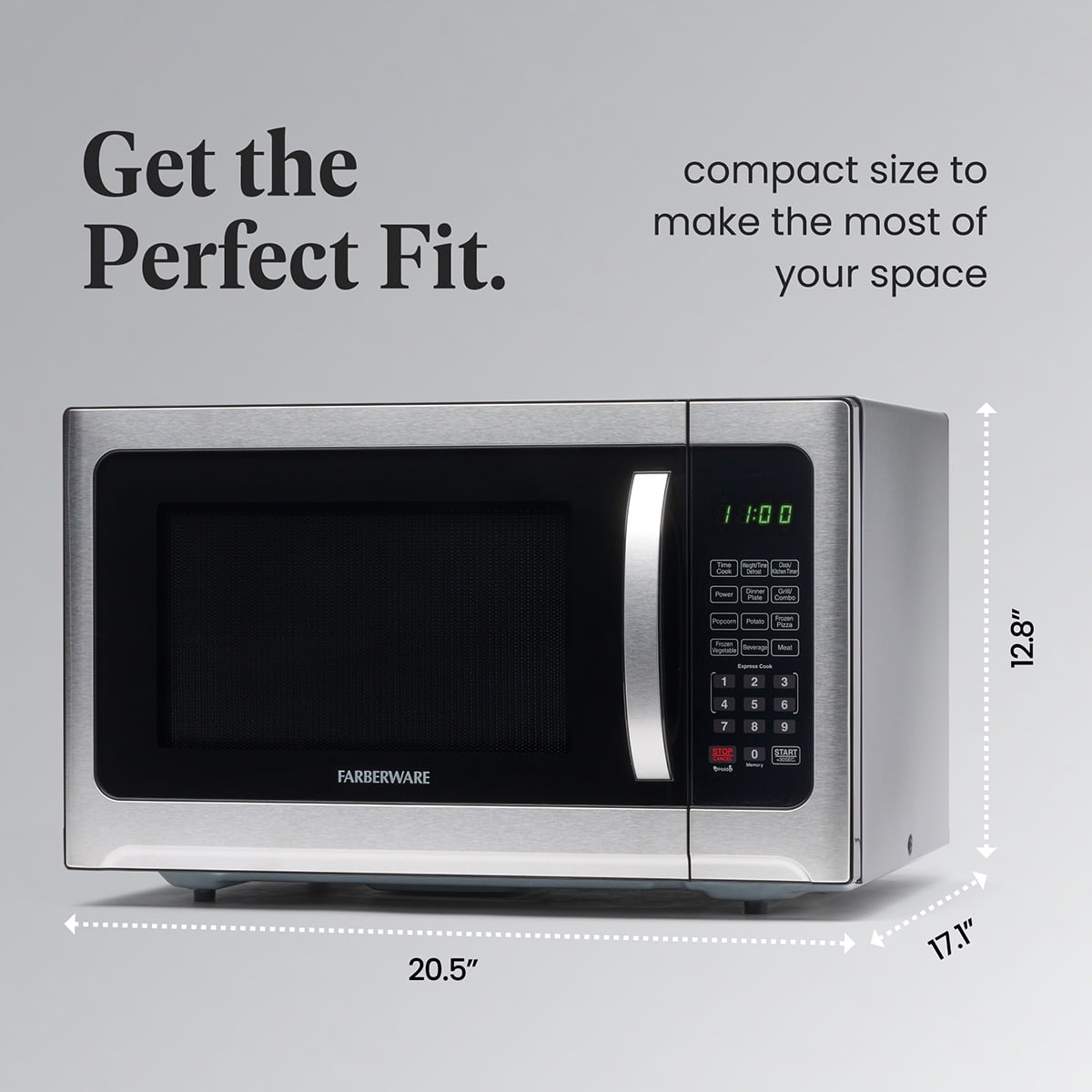 Farberware 1.2 cu ft Microwave Oven, 1000W Compact Microwave Oven with LED Display, Stainless Grill