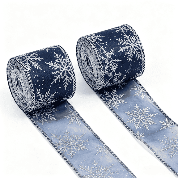VOLAPILAR 2 Pack Ribbons, 2.48 Inches x 10 Yards Each Roll, Blue Silver Glitter Snowflake Polyester Ribbon for Gift Wrapping, Wreaths, Christmas Tree & Holiday Decor