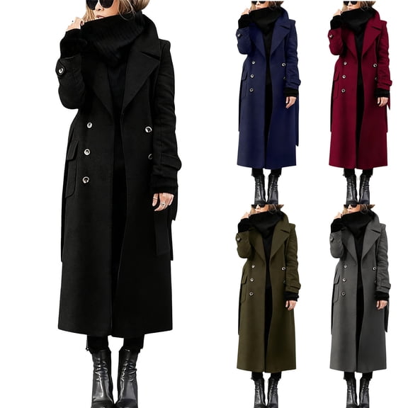 XPMWRP Women's Winter Double Breasted Trench Coat Business Casual Long Winter Pea Coat Windbreaker Streetwear Oversized Jackets with Pockets Wine S