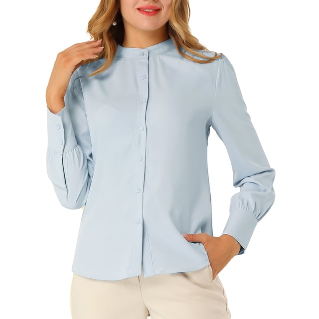 Camisas de manga larga con cuello de pie y botones para mujer INSPIRE CHIC en azul claro S