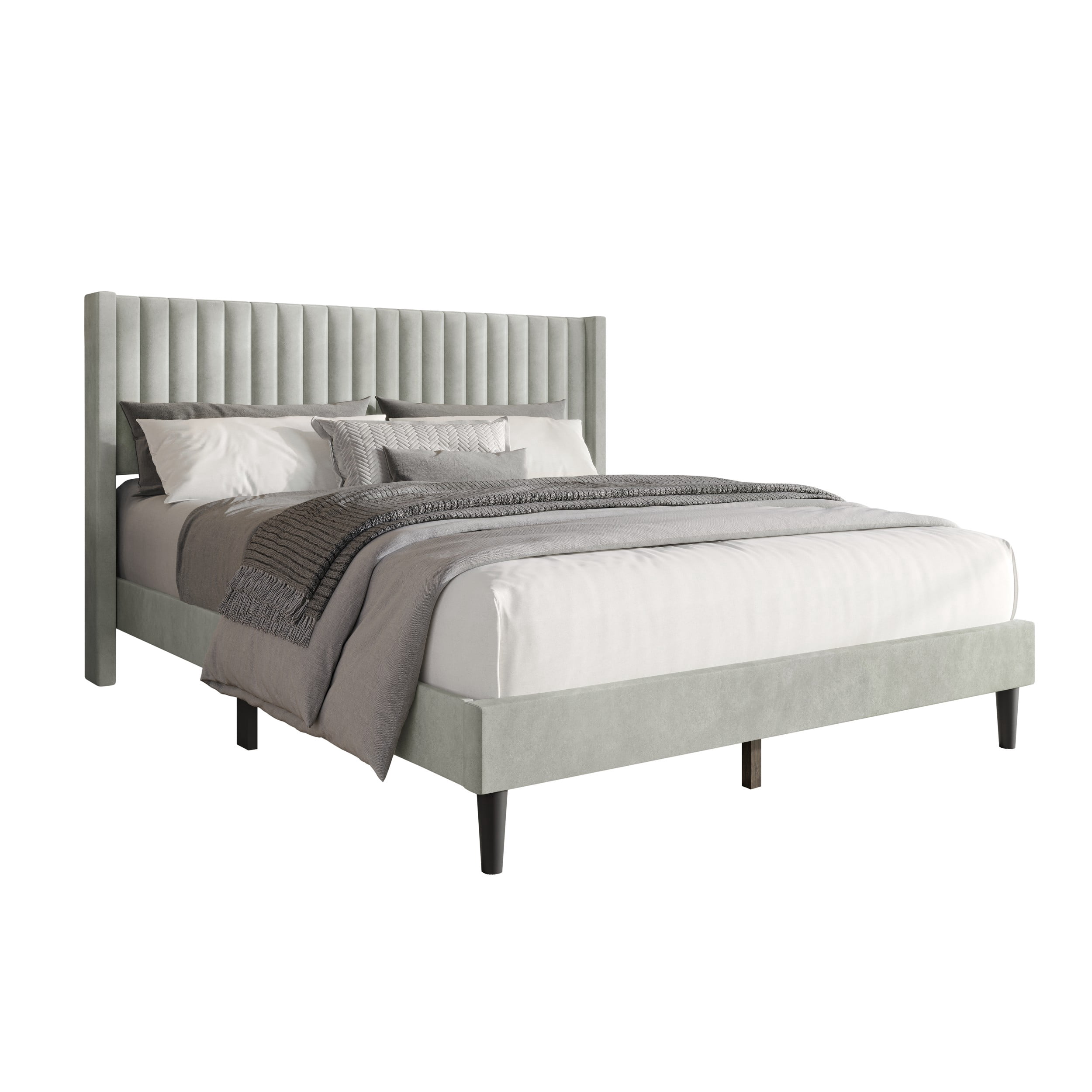 Favorer Montrose Upholstered Wingback Bed, Channel Tufted Headboard, Platform Design