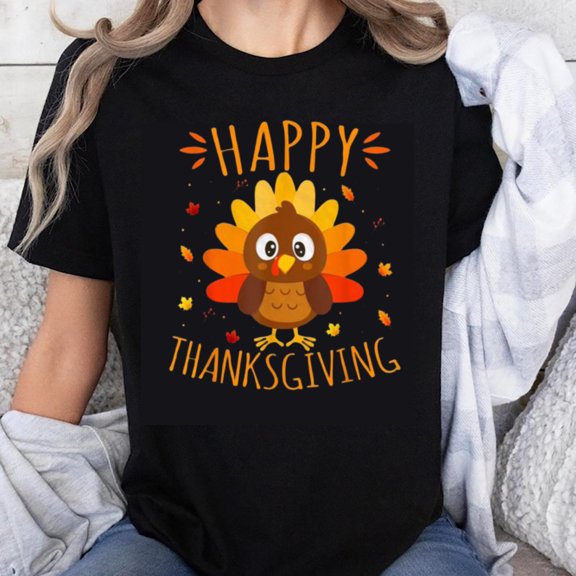 100% Cotton Happy Thanksgiving Turkey Cartoon Print Women's T-Shirt Fall Autumn Holiday Cute Animal Design Black Tee Shirt