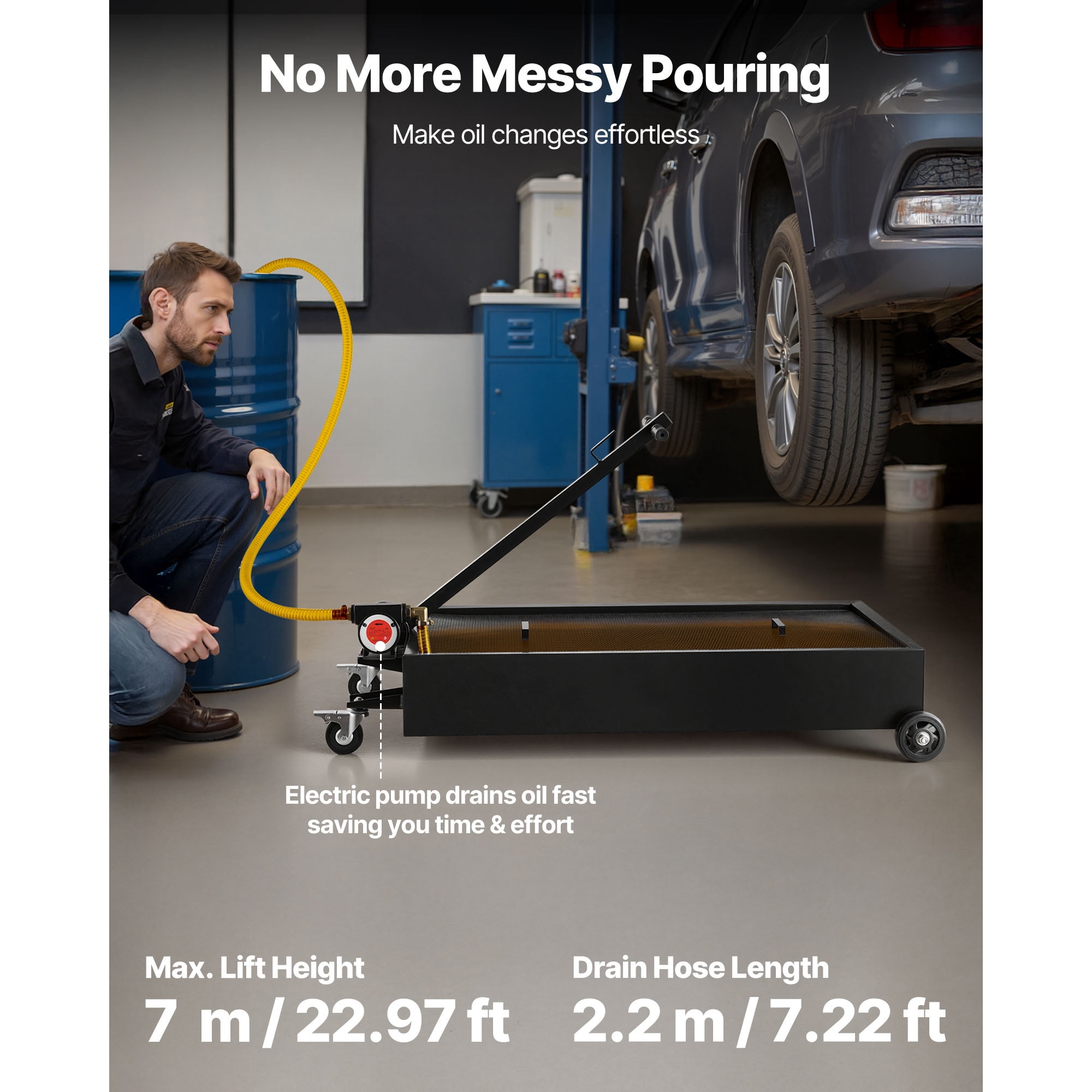 KFFKFF 20-Gallon Low Profile Oil Drain Pan with Electric Pump and 7.2 ft Hose, Durable and Leak-Resistant Design for Cars, SUVs, Trucks, Motorcycles, and ATVs