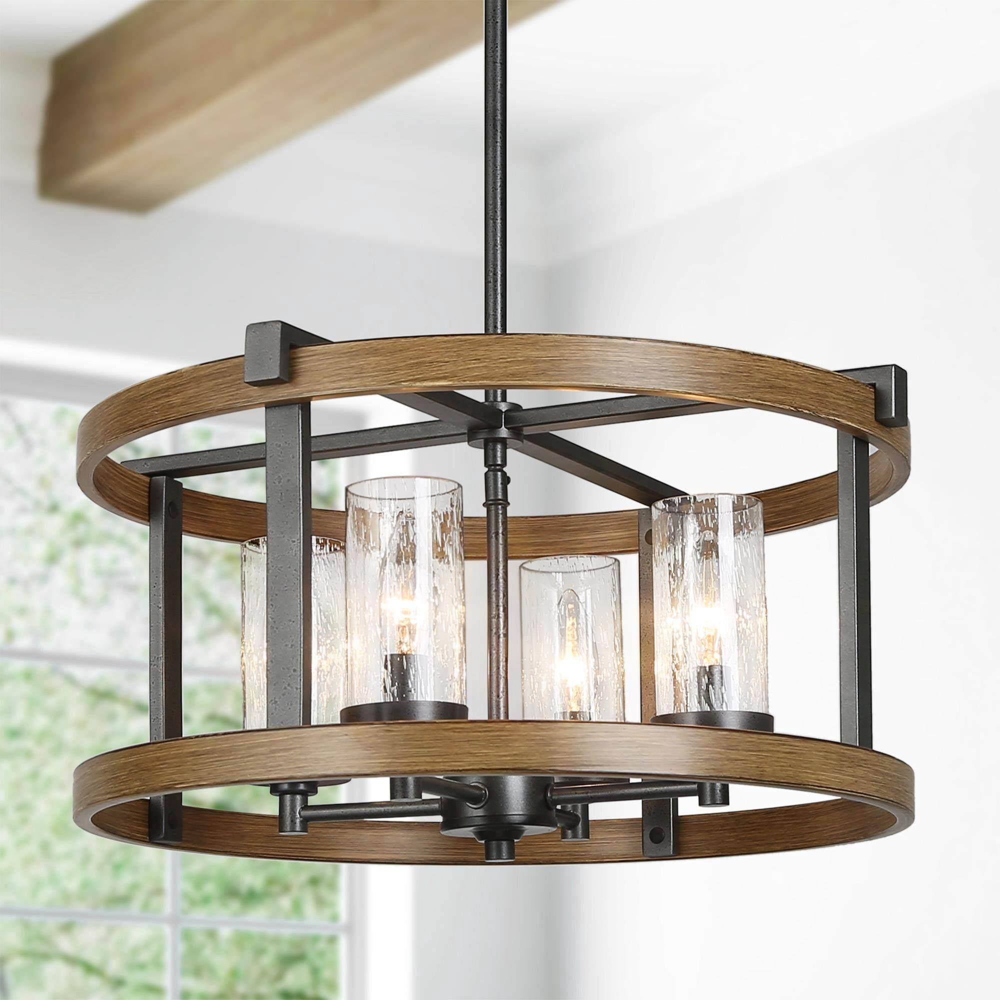 LNC 4-Light Antique Brown and Rustic Black Drum Modern Farmhouse Cage Chandelier
