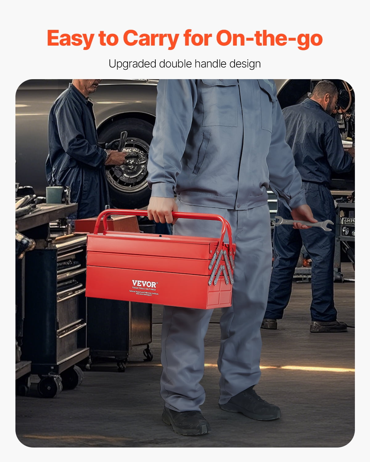 VEVOR Metal Tool Box, 18-inch, 3-Tier 5-Tray Portable Folding Tool Chest Organizer with Handle & Lock Hole, Powder Coated Steel, Cantilever Toolbox for Household Factory Warehouse Repair Shop, Red