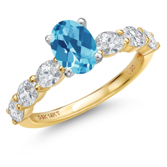 Gem Stone King 14K Two Tone Gold Swiss Blue Topaz and Lab Grown Diamond Engagement Ring for Women | 1.90 Cttw | Oval Checkerboard 7X5MM | Gemstone November Birthstone | Size 9