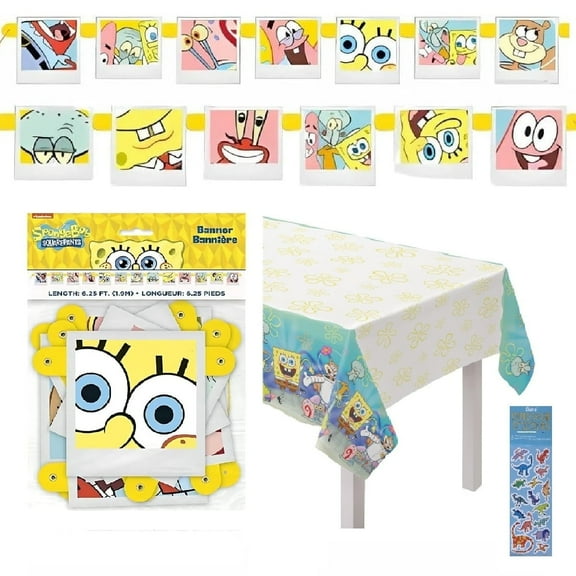SpongeBob Squarepants Birthday Party Supplies Decoration Bundle Pack includes 1 Jointed Banner, 1 Plastic Table Cover, 1 Dinosasur Sticker Sheet