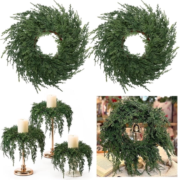 4 Pcs Small Christmas Cedar Candle Wreaths, 12 Inch Mini Drop Wreath, Artificial Christmas Cedar Wreaths for Cabinet Windows Kitchen Decor