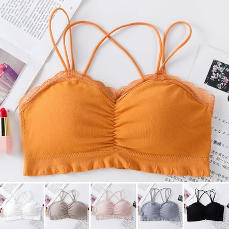 

dianhelloya sports bras for women Criss Cross Spaghetti Straps Lace Stitching Removal Pads Shirring Women Bra Student Thin Sport Style Solid Color Bralette