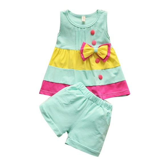 WRKEKC Summer Outfits for Girls Sleeveless Round Neck Color Block Bowknot Vest and Shorts Set Lightweight Comfortable for 0-4 Years