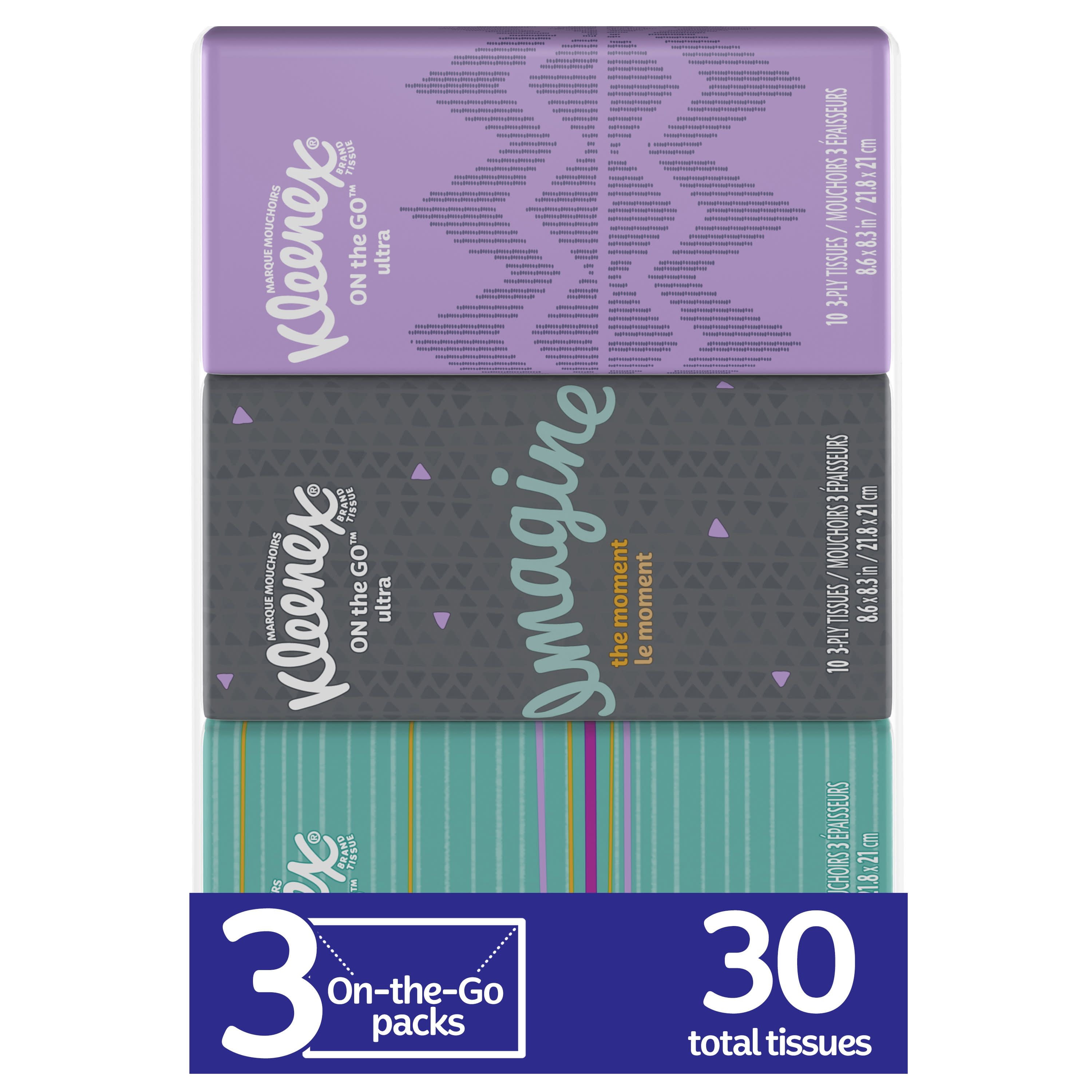 Kleenex Go Packs Facial Tissues, 3 Packs, 10 Tissues per Pack (30